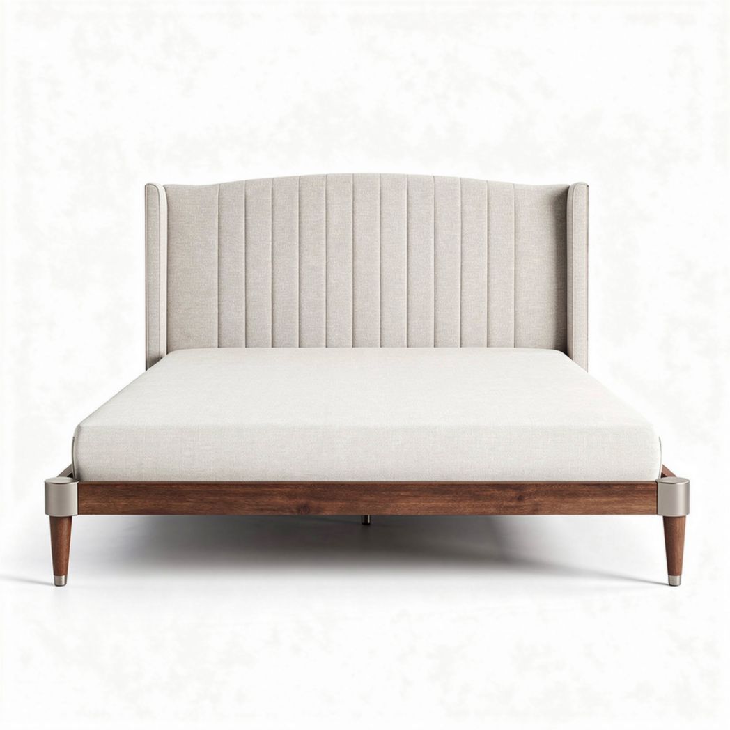 Upholstered bed frame with wooden legs in beige fabric 190 x 150 x 100cm