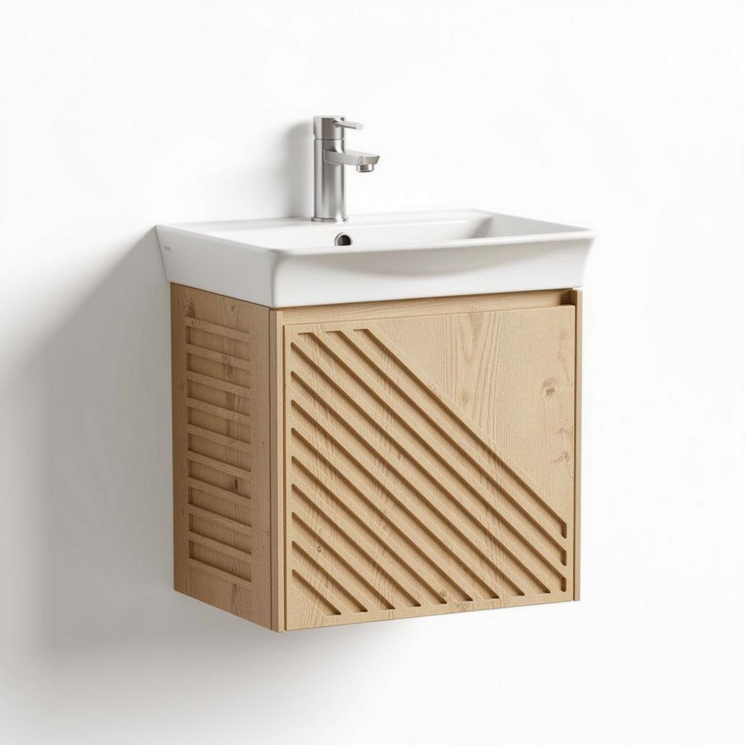 Wall-mounted bathroom vanity with ceramic sink and wood finish 50 x 30 x 60cm