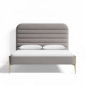 Fabric upholstered queen size bed frame with gold legs and padded headboard