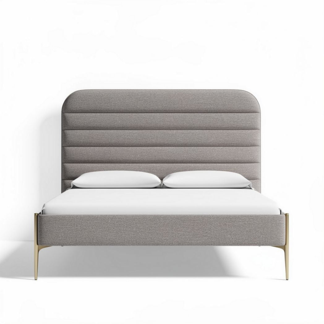 Fabric upholstered queen size bed frame with gold legs and padded headboard