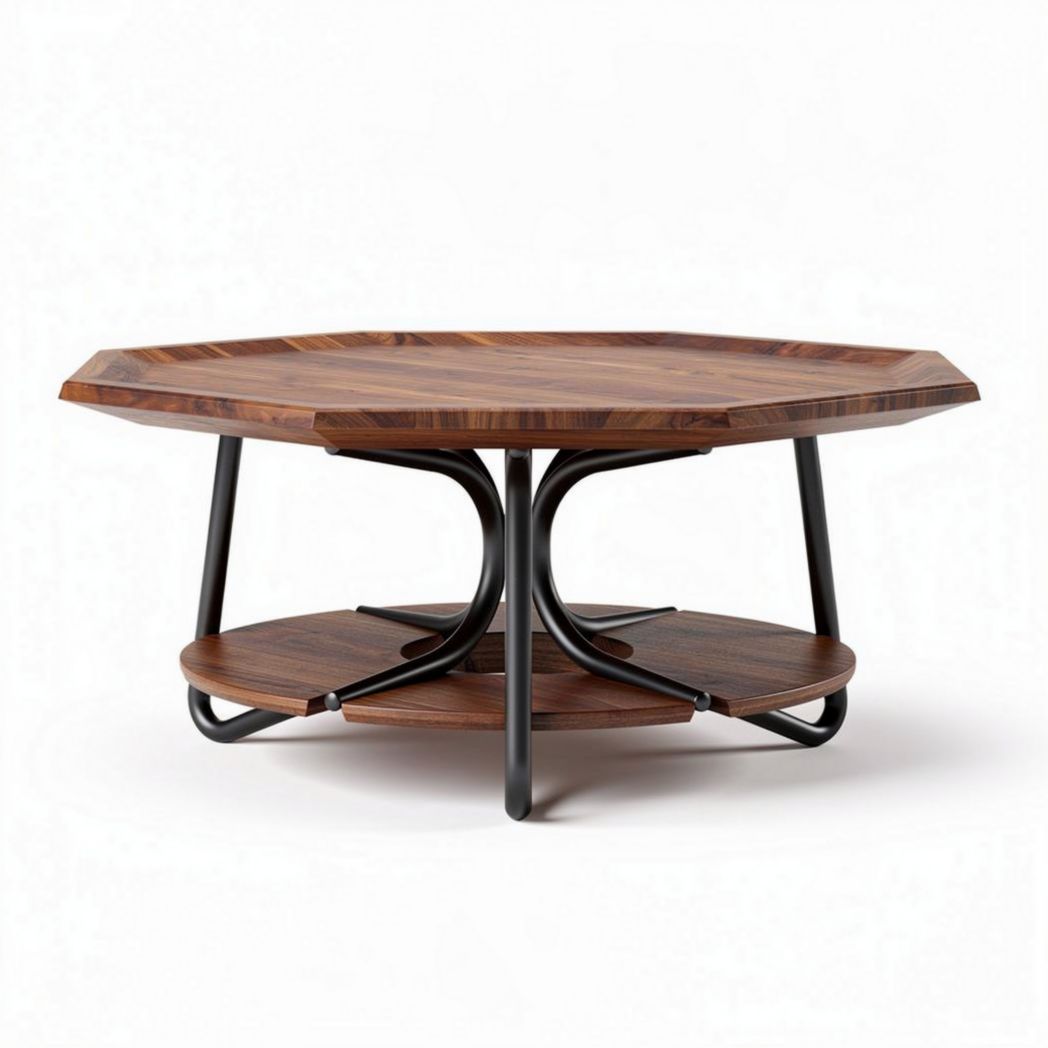 Octagonal wooden coffee table with metal frame and lower shelf 80 x 80 x 40cm