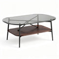 Glass top coffee table with wooden shelf and metal frame 120 x 60 x 45cm