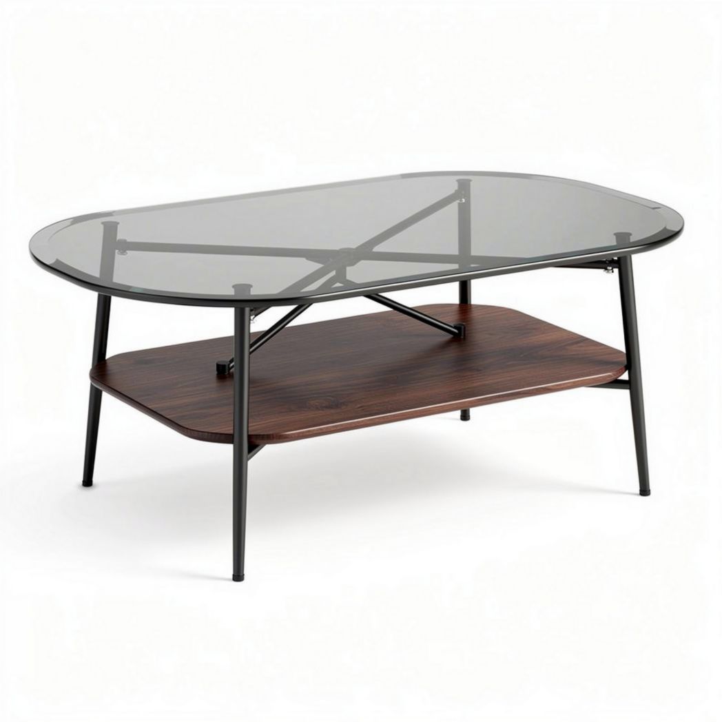Glass top coffee table with wooden shelf and metal frame 120 x 60 x 45cm