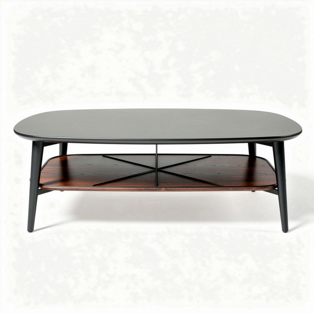 Coffee table with bottom storage shelf made of black wood and walnut 120 x 60 x 40cm