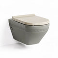 Wall-mounted toilet with sleek design and ergonomic seat in light gray and beige