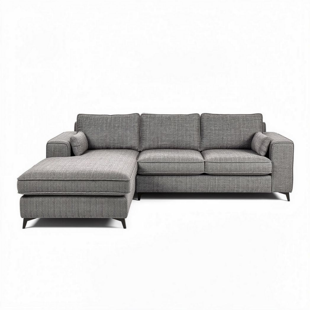 L-shaped sectional sofa in grey fabric with removable cushions 230 x 160 x 85cm