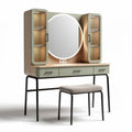 Wooden vanity set with oval mirror and storage shelves in natural finish