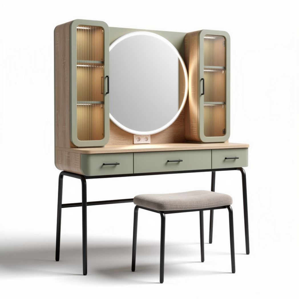 Wooden vanity set with oval mirror and storage shelves in natural finish